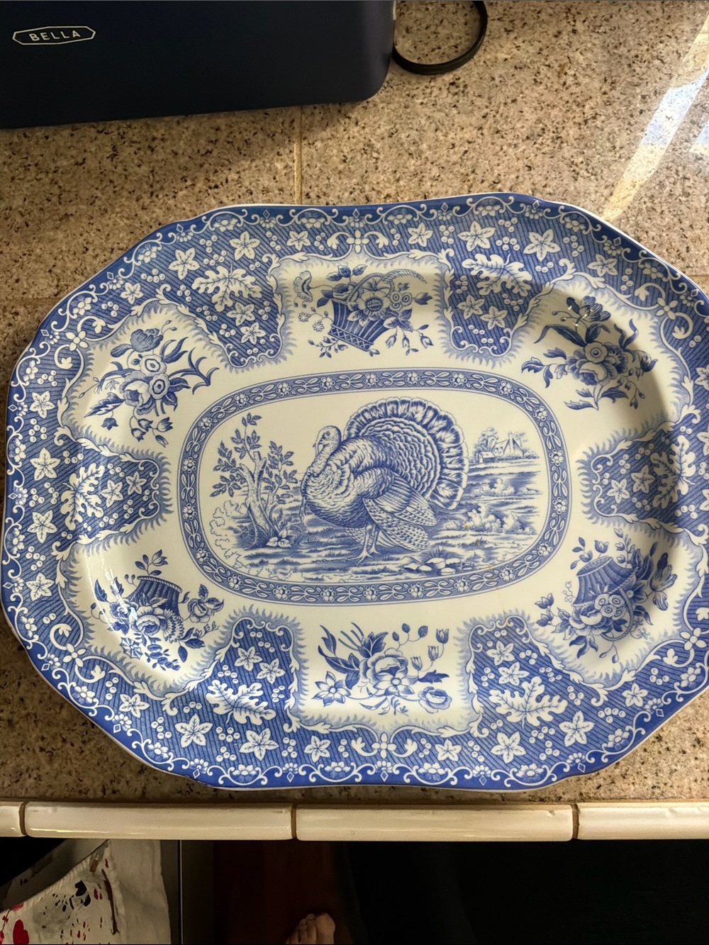Spode Blue and White Turkey Platter with Floral Border
